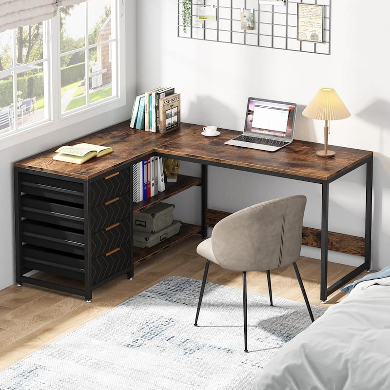 59"L-Shaped Computer Desk with Drawers and Shelves, Reversible Corner Office Desk Workstation, Writing Table with File Cabinets - Brown+Black