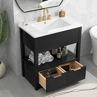 30" Bathroom Vanity with Sink Top, Bathroom Cabinet with Open Storage Shelf and Two Drawers, One Package
