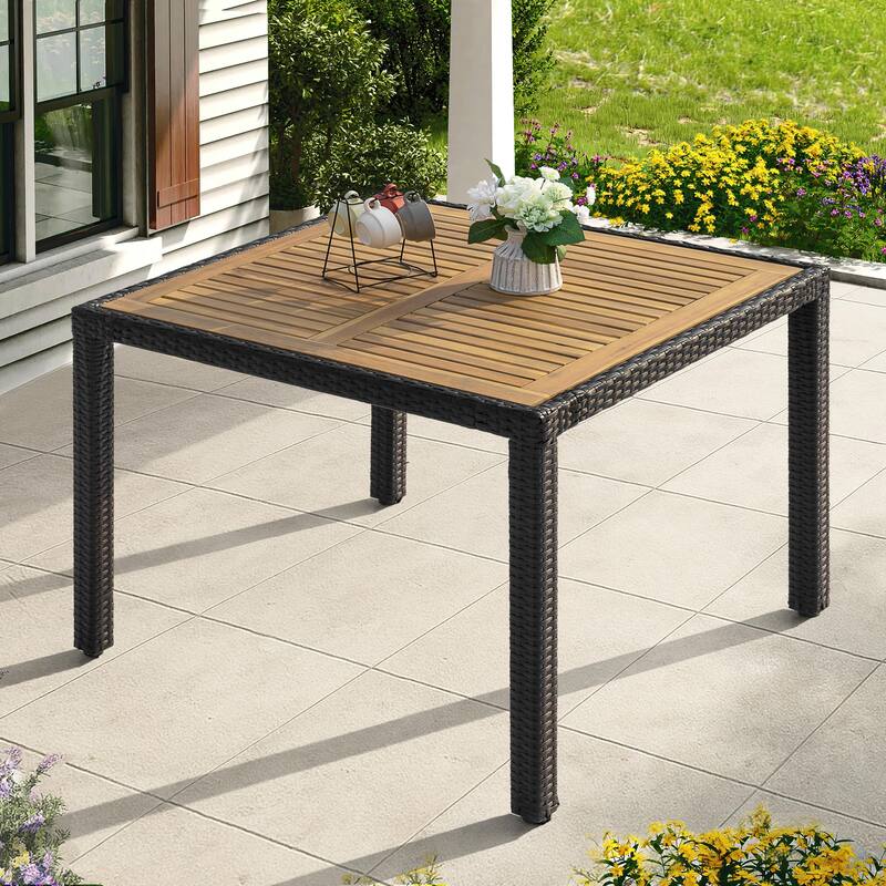 Patio Dining Table, Acacia Wood Top, PE Rattan-Wrapped Metal Frame, Black
