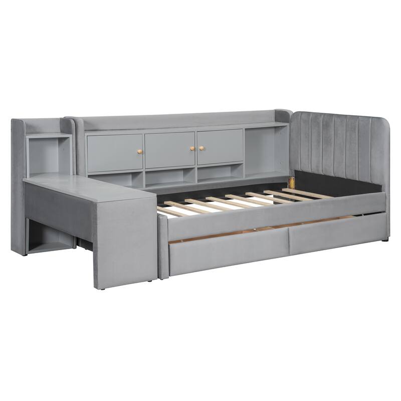 Twin Size Upholstered Daybed with Flip Cabinets and 2 Drawers