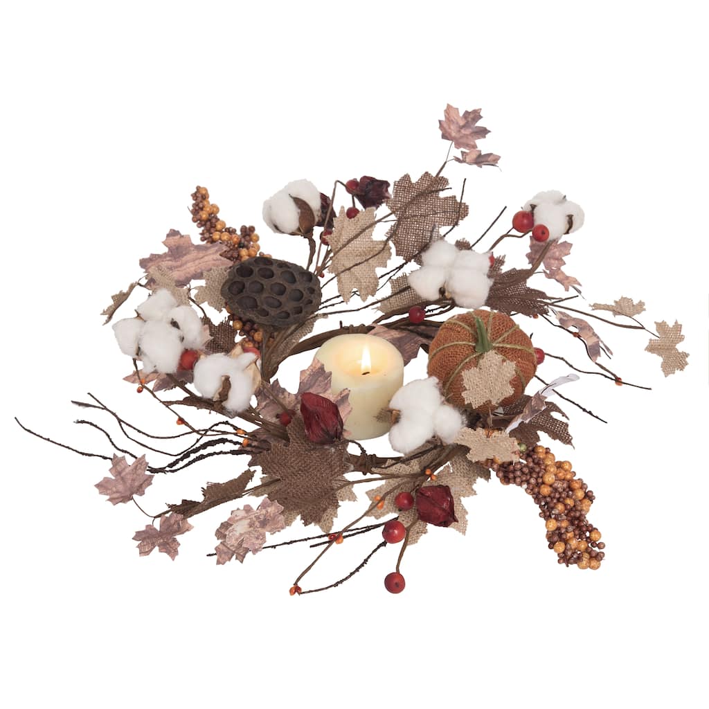 Transpac Burlap 16 in. Multicolor Autumn Cotton Blossom Candle Ring