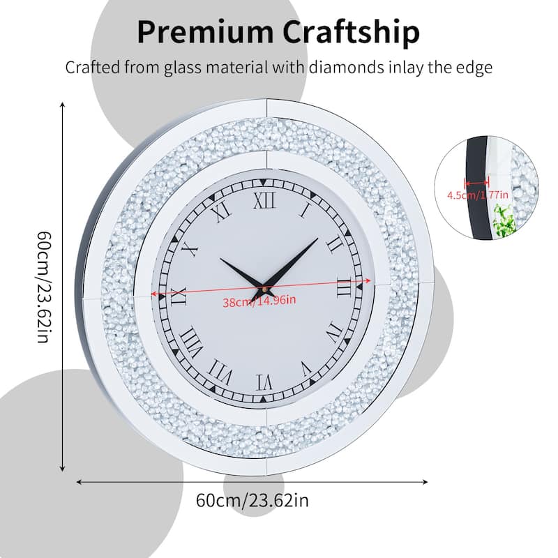 Round Mirror Clock Tinted Crushed Diamond Mirrored Wall Clock - 24"x1.8"x24"