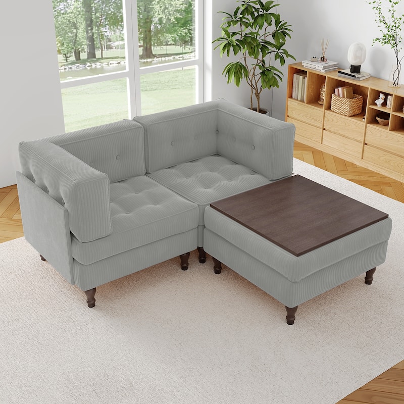 Corduroy Upholstered Modular Corner Sectional Sofa with Reversible Ottoman