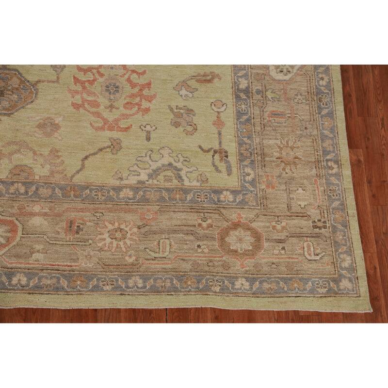 Hand Knotted Oriental 100% Wool Carpet Transitional All-Over Green Oushak Area Rug - 11' 11'' X 8' 10''