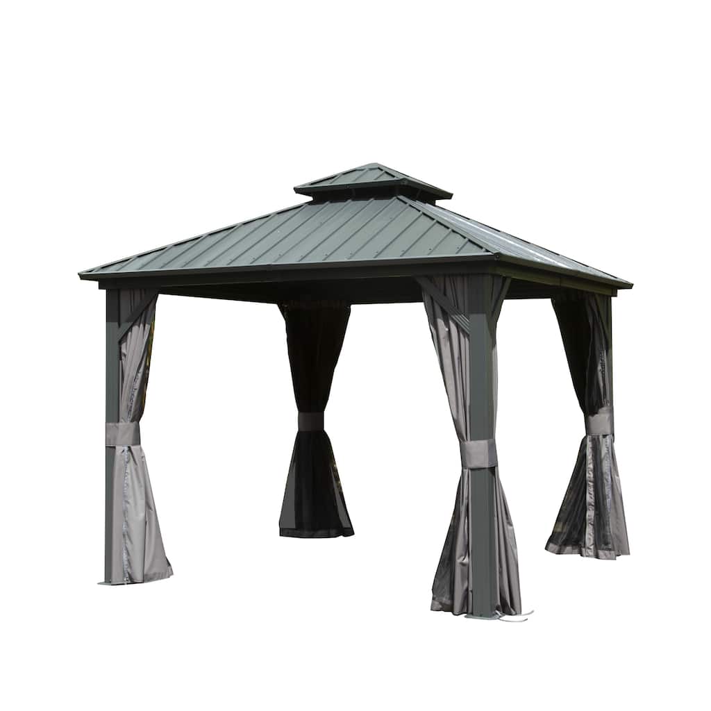 10x10 Hardtop Aluminum Gazebo with Double Roof, Curtains, and Netting for Patio, Backyard, Deck, Lawn