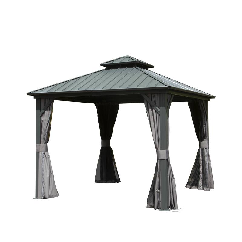 GDFStudio - Madison Outdoor Grove Hardtop Gazebo with Double Roof, Curtains & Netting - 10' X 10' - Gray