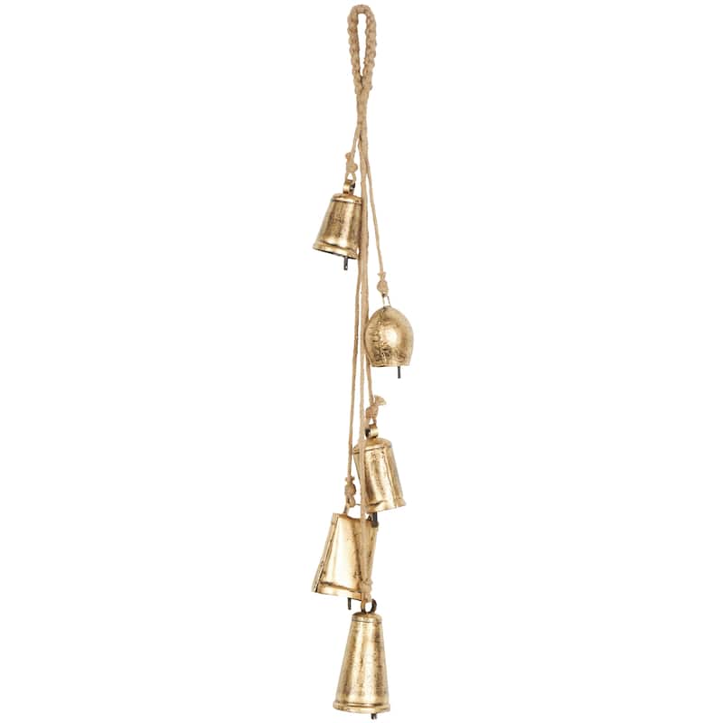 Gold Metal Tibetan Inspired Decorative Cow Bell with Jute Hanging Rope