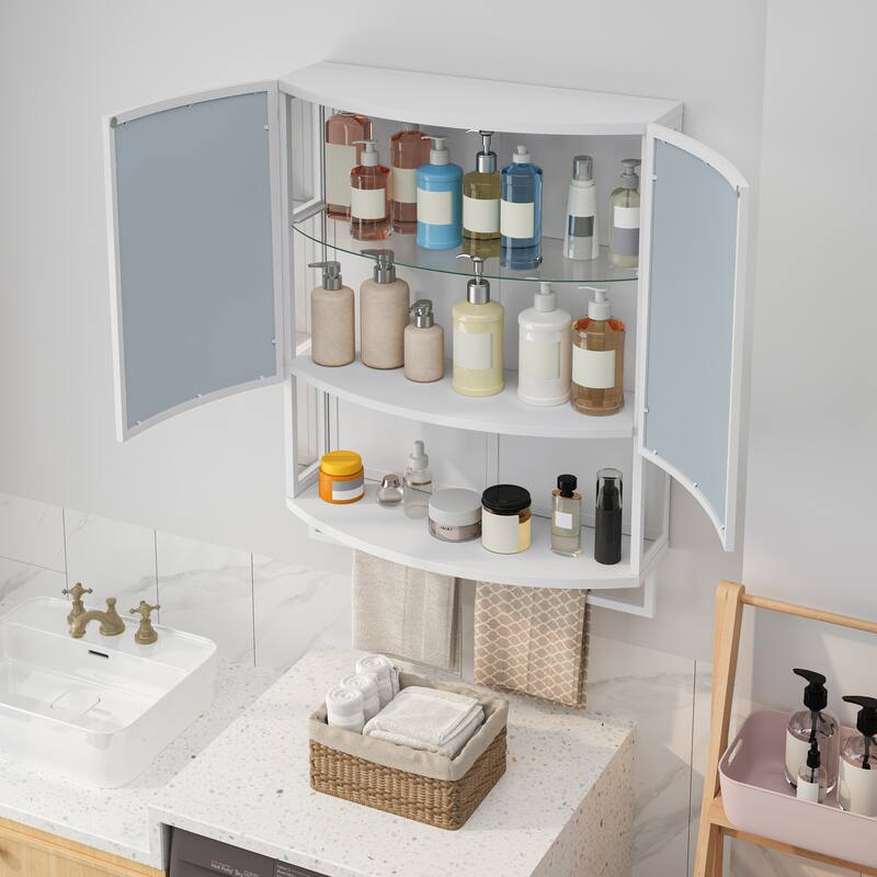 23.62"Modern Arched Glass Double-Door Wardrobe with Shatterproof Non-Glass Mirror-Double-Layer Storage, Open Shelf & Towel Rack