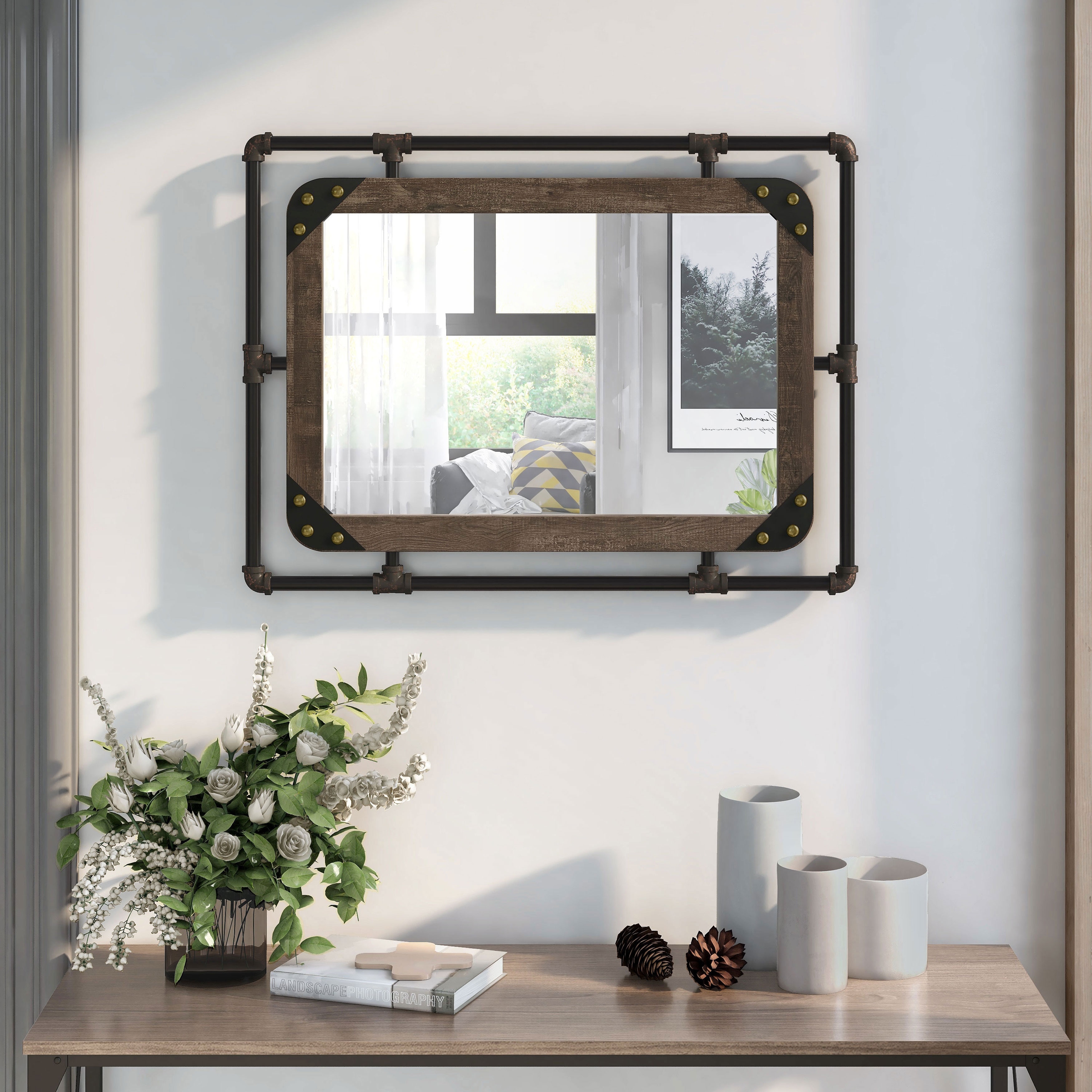 Frederick Industrial Pipe Metal and Bolted Wood Frame Wall Mount Mirror by  Denhour On Sale Bed Bath  Beyond 36887896