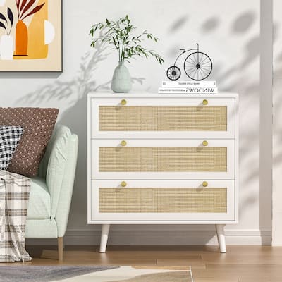 Anmytek Mid-Century Modern 3-Drawer White Dresser Rattan Chest of Drawers Storage Organizer for Bedroom