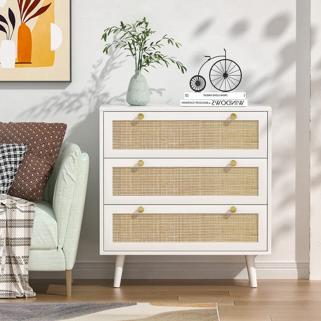 Anmytek Mid-Century Modern 3-Drawer White Dresser Rattan Chest of Drawers Storage Organizer for Bedroom