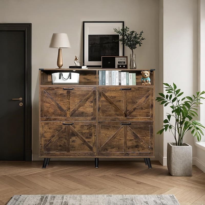 Freestanding Hidden Shoe Cabinet Storage with 4 Flip Drawers for Entryway, Foyer, Hallway - Brown