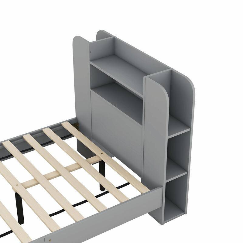Platform Bed with Storage Headboard, Multiple Shelves on Both Sides