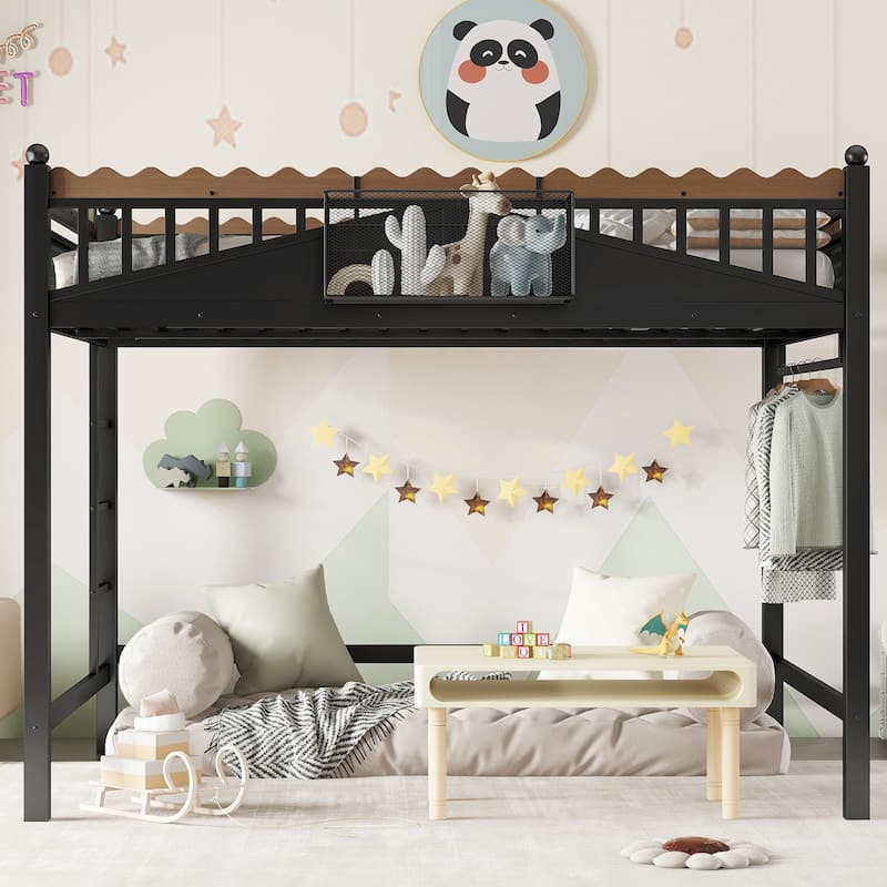 Modern Metal Loft Bed with Shelves & Bookshelf, Ladder Entry, No Box Spring Needed, Multi-Size - Black - Full