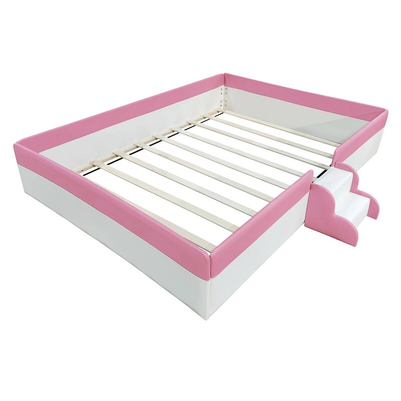 King Size Upholstered Daybed Frame with Fence and Stairs,(Pink+White)