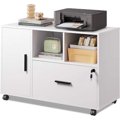 File Cabinet with Lock, 1-Drawer Wood Lateral Filing Cabinet on Wheels, Printer Stand with Open Storage Shelves for Home Office