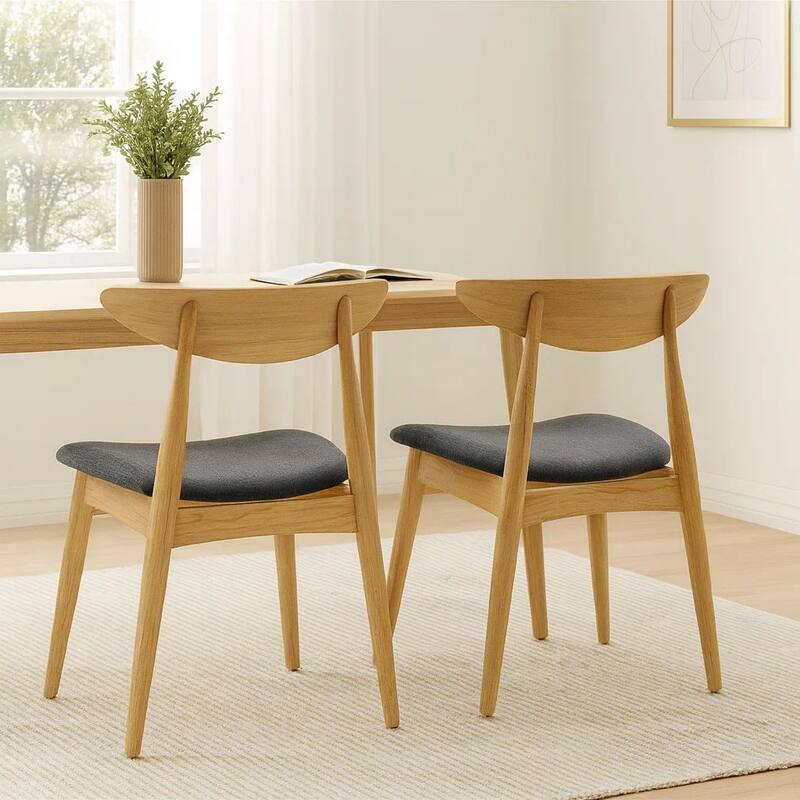 Hoso Dining Chair Set of 2, Curved, Dark Gray Padded, Natural Brown