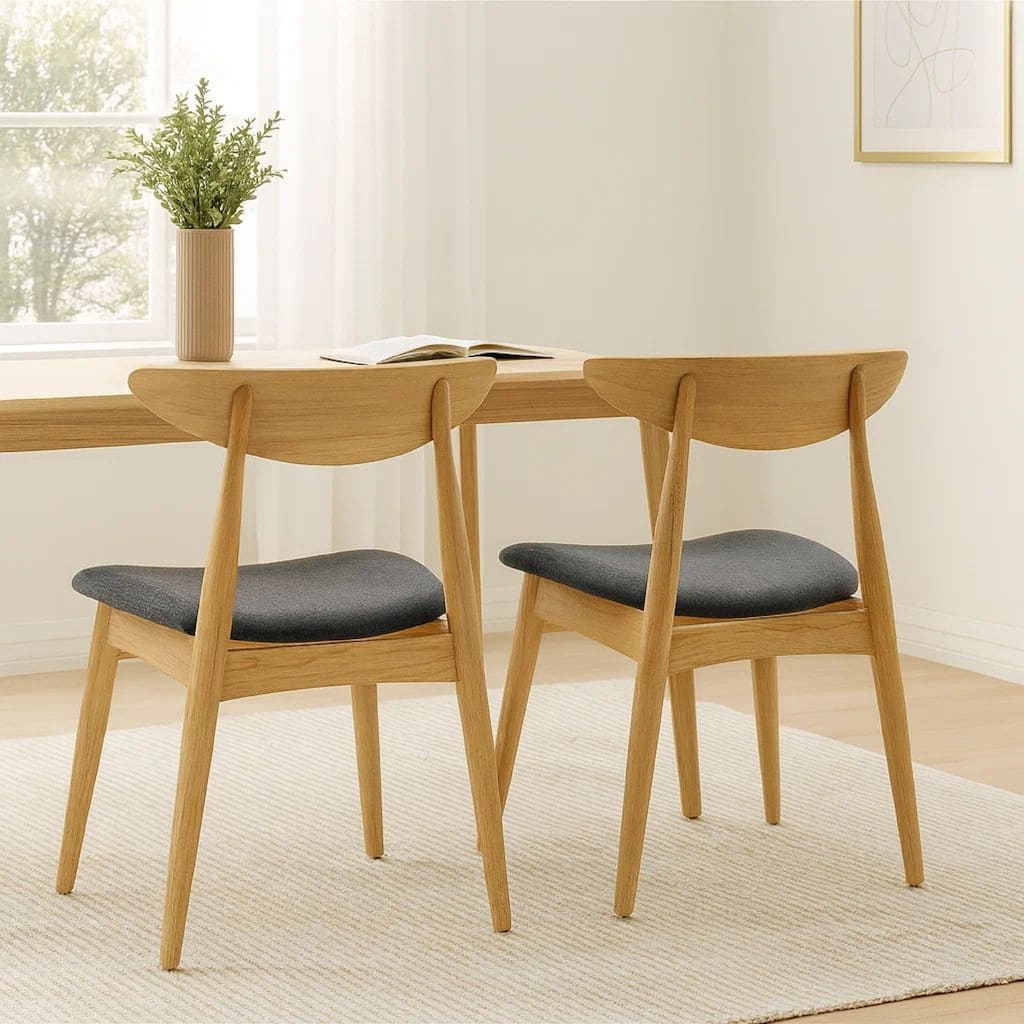 Hoso Dining Chair Set of 2, Curved, Dark Gray Padded, Natural Brown