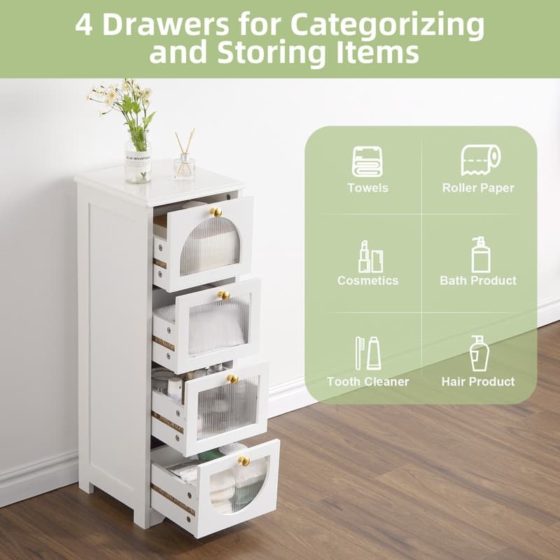 Bathroom Floor Cabinet with 4 Drawers, Small Wooden Storage Cabinet