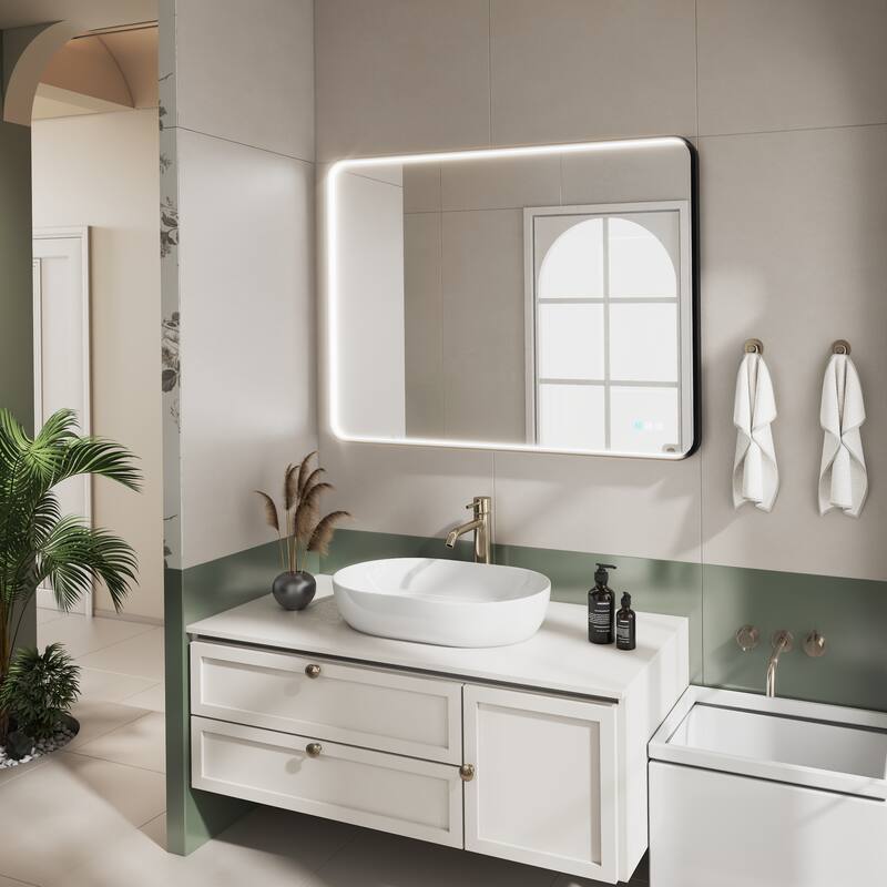 Organnice Rectangular LED Aluminum Black Framed Light Rounded Wall Mirror with Front Light