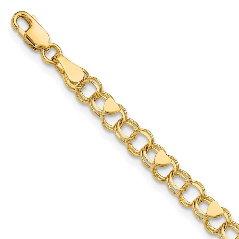 Curata 10k Yellow Gold 4mm Double Link Heart Charm Bracelet Options: 7" 8"