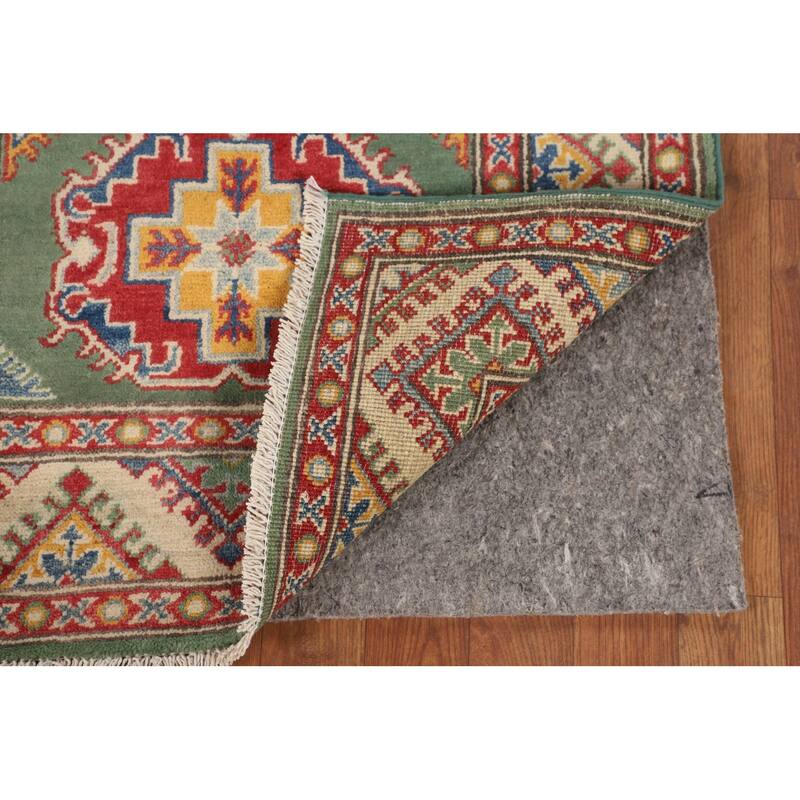 Green Geometric Kazak Accent Rug Hand-Knotted Wool Carpet - 2'9" x 3'11"