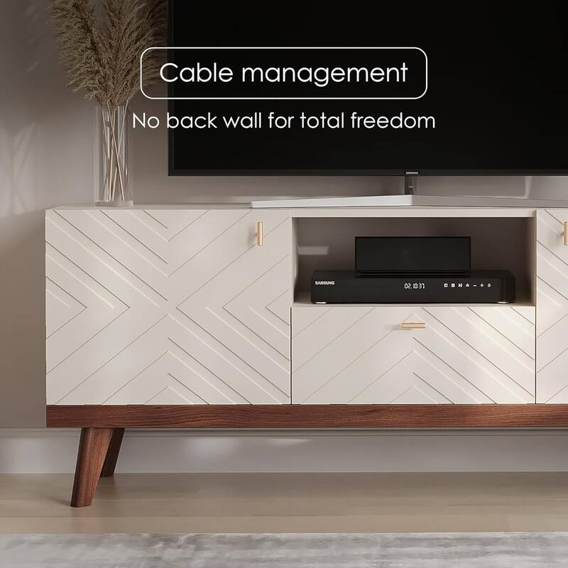 Living Skog Alba Beige TV Stand Console with Drawer Fits TV's up to 65 in. with Wood Legs Mid Century Modern Design