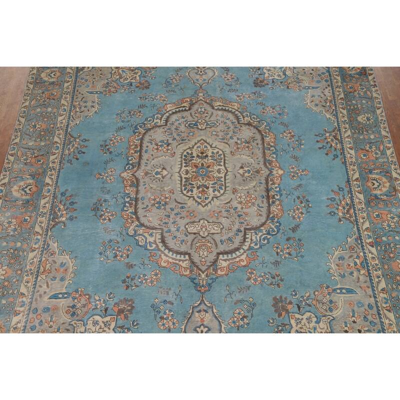 Light Blue Medallion Tabriz Persian Rug Hand-Knotted Wool Carpet - 7'9"x 11'3"