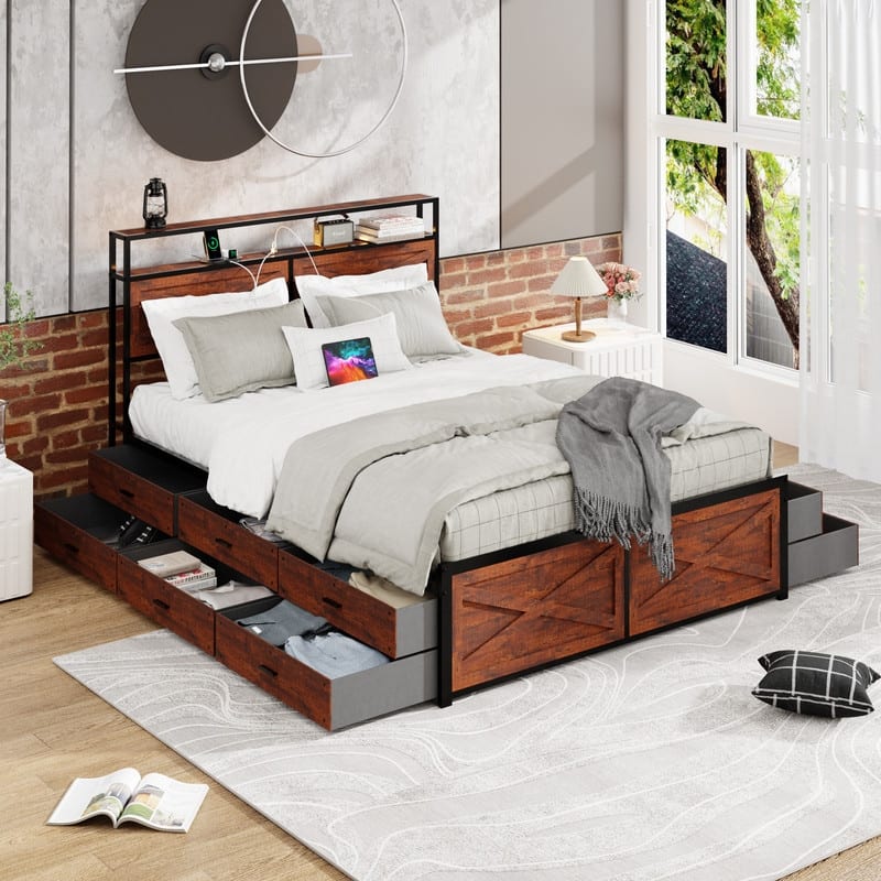 Queen Size Platform Bed with Storage Headboard and 12 Drawers,LED Lights