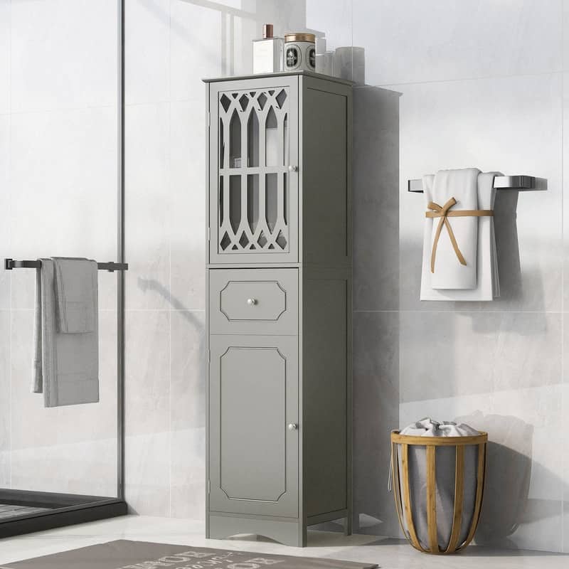 Slim Tall Bathroom Storage Cabinet with Adjustable Shelf, Drawer and 2 Doors, Freestanding Linen Tower