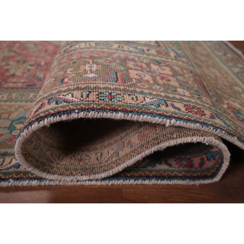Pink Geometric Tabriz Persian Vintage Rug Hand-Knotted Wool Carpet - 6'7"x 9'8"