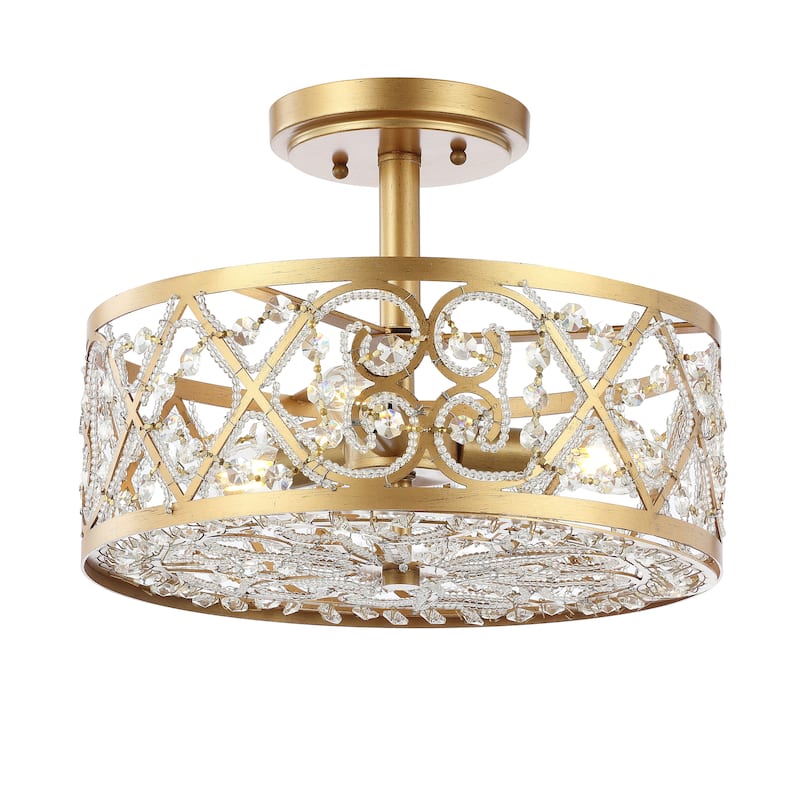 Stella 3-Light 13.25" Iron/Crystal Modern Glam LED Flush Mount, Gold by JONATHAN Y
