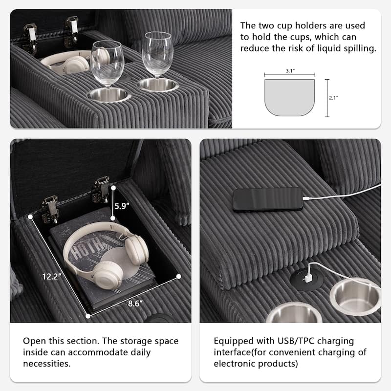 124" Modern Modular Sofa with Double Recliner and USB Port with Center Console