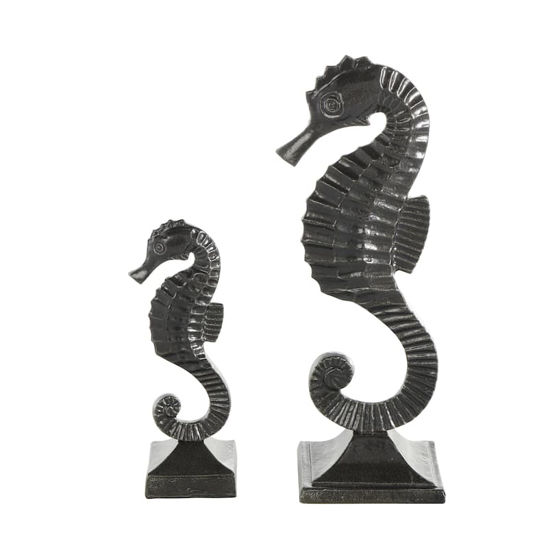 Aluminum Metal Sea Horse Decorative Sculpture with Square Bases - Set of 2 Black - Roche River Decor