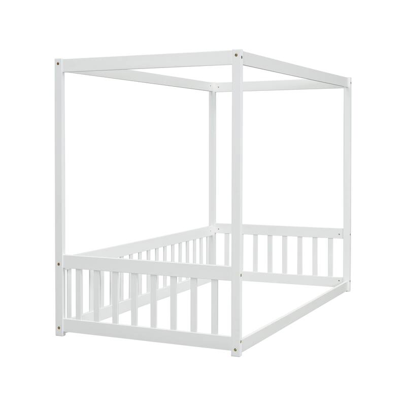 Twin Size Canopy Frame Floor Bed with Fence and Guardrails in White