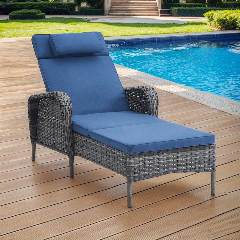 Outdoor Chaise Lounge Chair Adjustable 5-Position - 1-Piece - Grey Wicker Blue Cushion