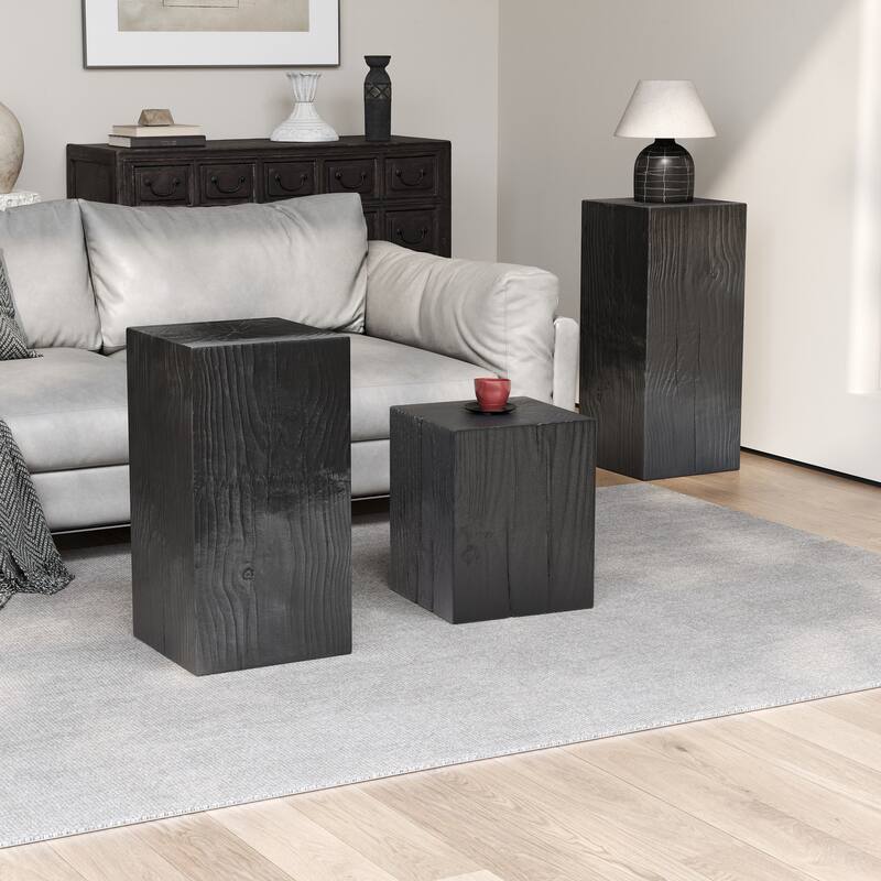 Roomfitters Retro Natural Style Side Table Set, Stackable Square-Column MGO End Tables for Living Room, Bedroom