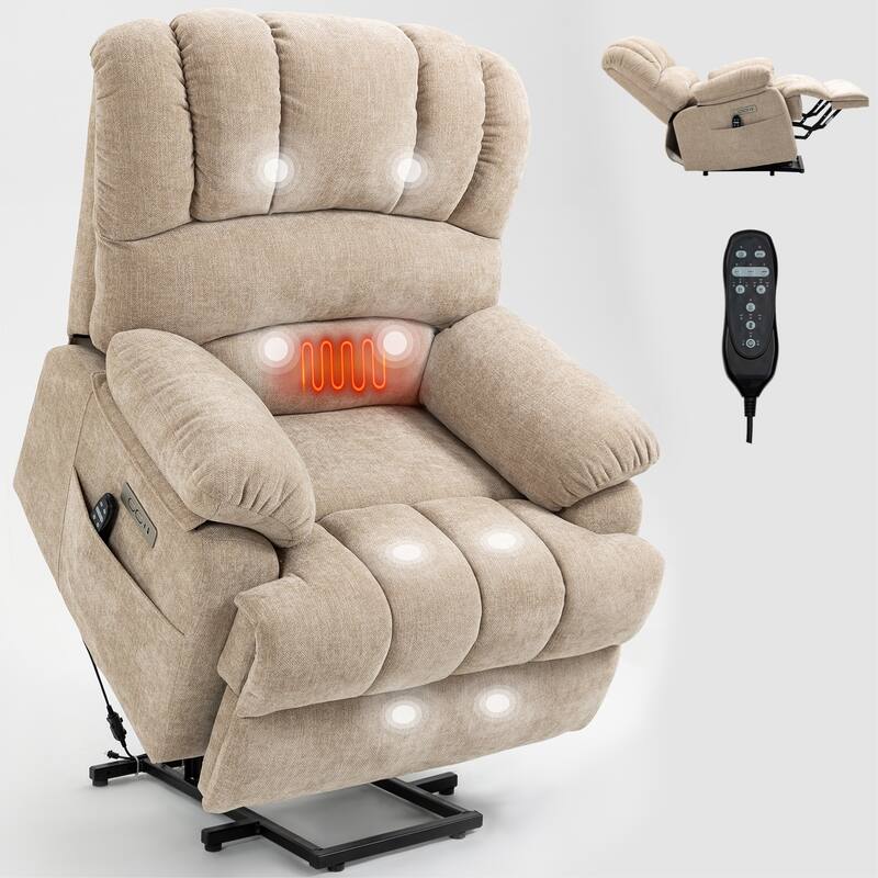 Roomfitters Oversized Power Lift Recliner Chair, Electric Massage Sofa with Heat & USB, Large Chenille Stand Up Armchair