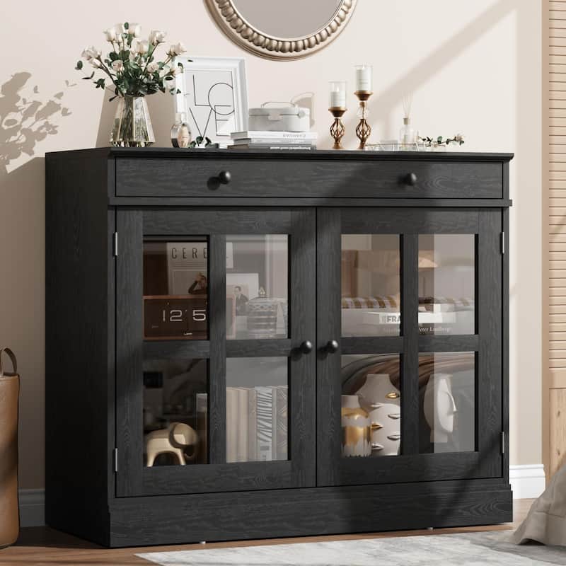 35.4" Sideboard Buffet Cabinets with Glass Door - Black
