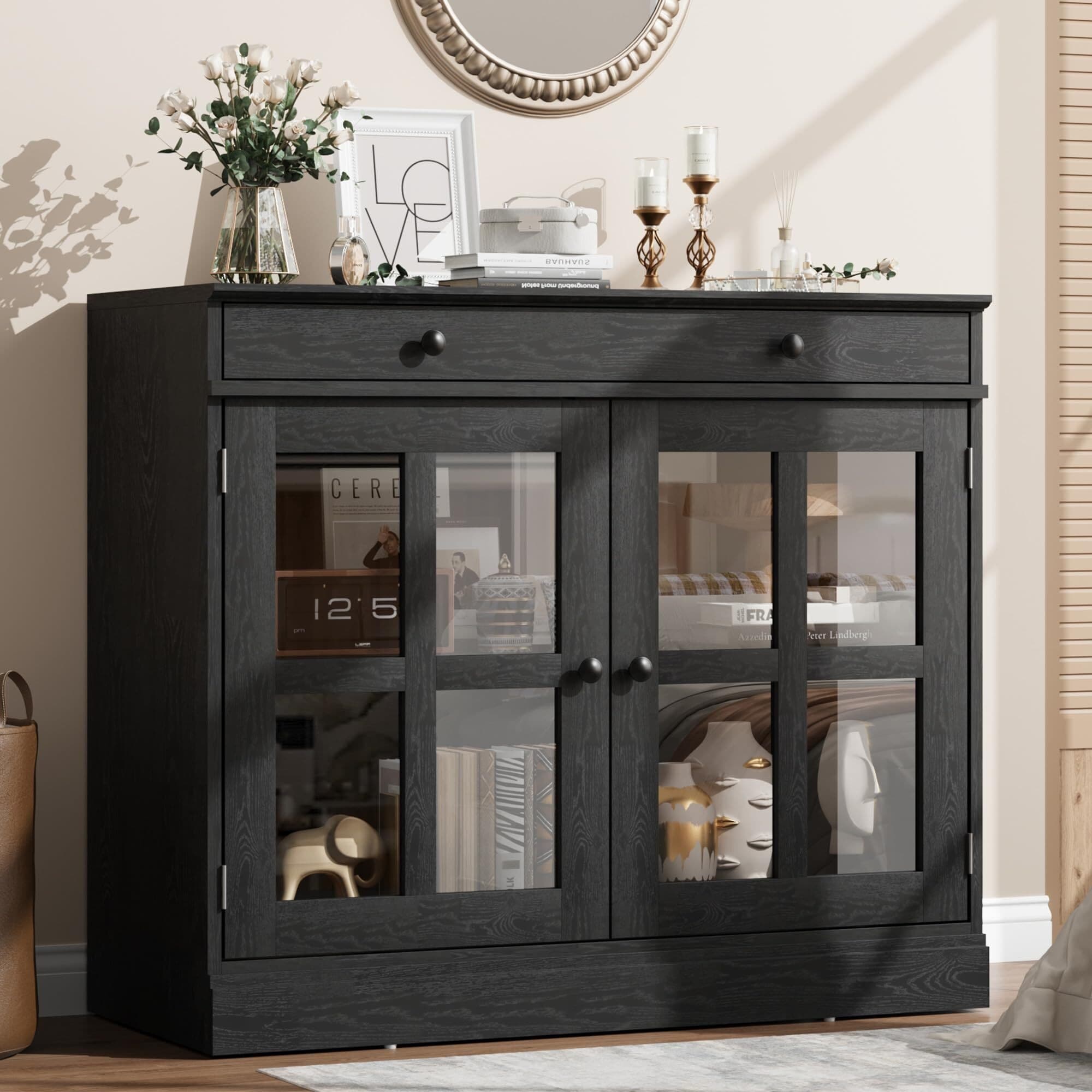 Kitchen Storage Cabinet, 2 Glass Door Buffet Sideboard with a Large Storage Drawer
