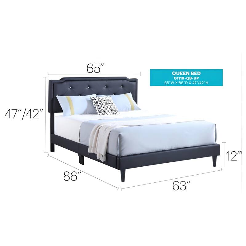 Modern Black Queen Bed with Tufted Headboard and Adjustable Height