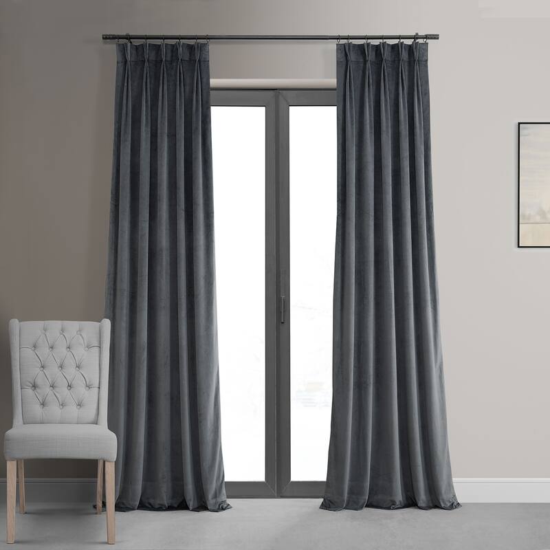 Exclusive Fabrics Signature Pleated Blackout Velvet Curtain (1 Panel) - 25 X 96 - Distance Blue Grey