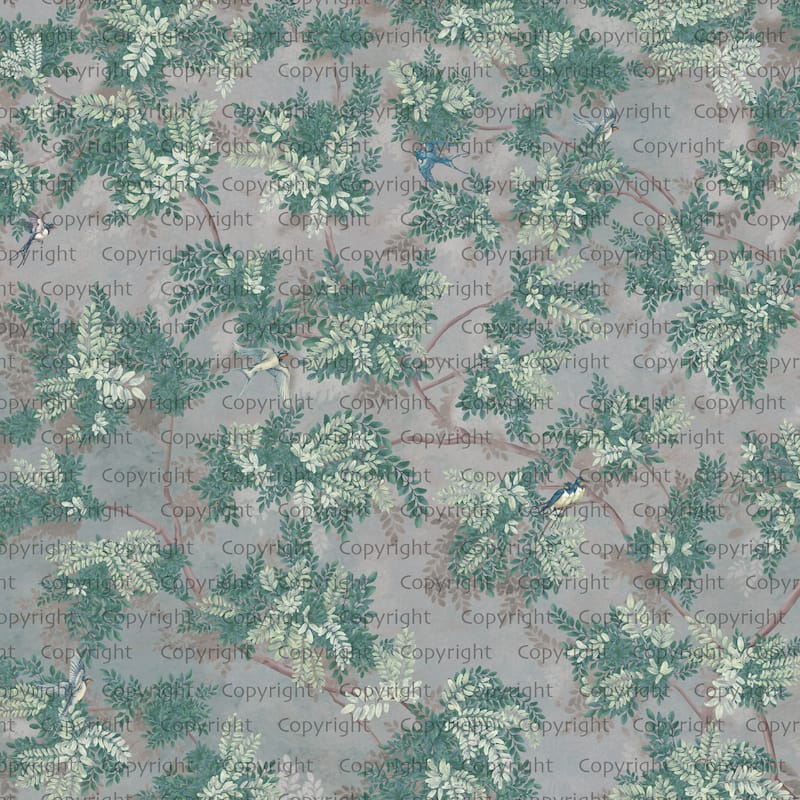 Verdant Canopy with Songbirds Botanical Wallpaper Mural - Green - W:204" x H:110"