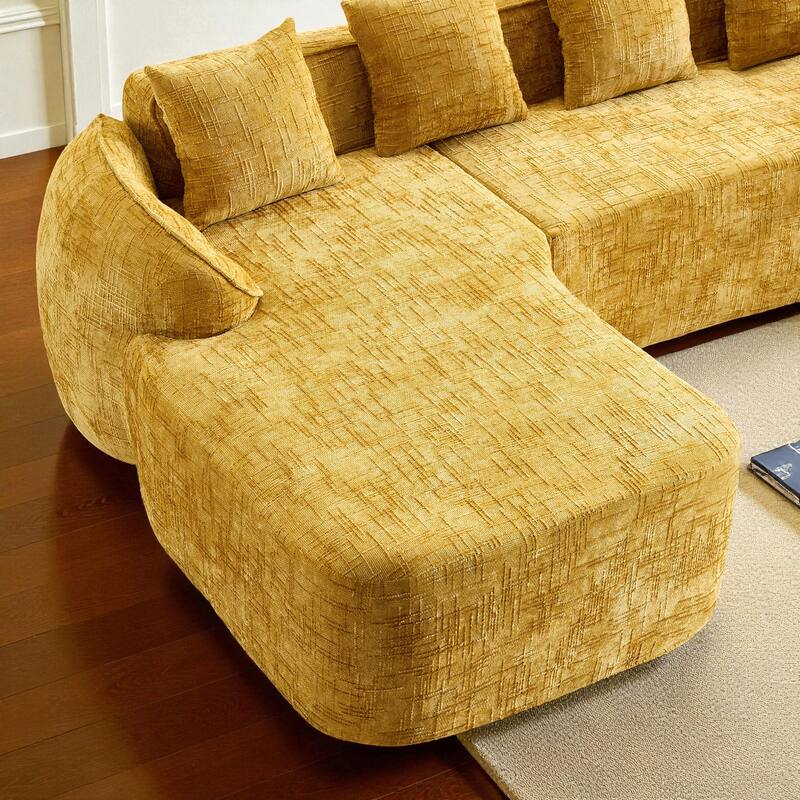 Chenille L-Shaped Compressed Sofa, 4-Seat Sectional Couch with Curved Armrests, High-Elastic Sponge & 4 Throw Pillows