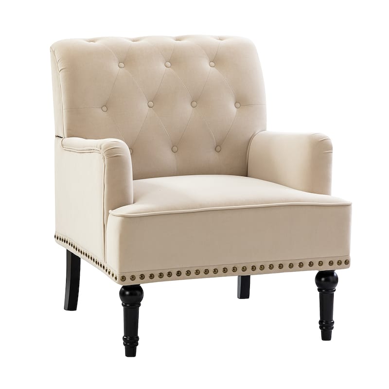 Geltrude Transitional Upholstered Button Tufted Club Chair with turned wooden Legs by HULALA HOME