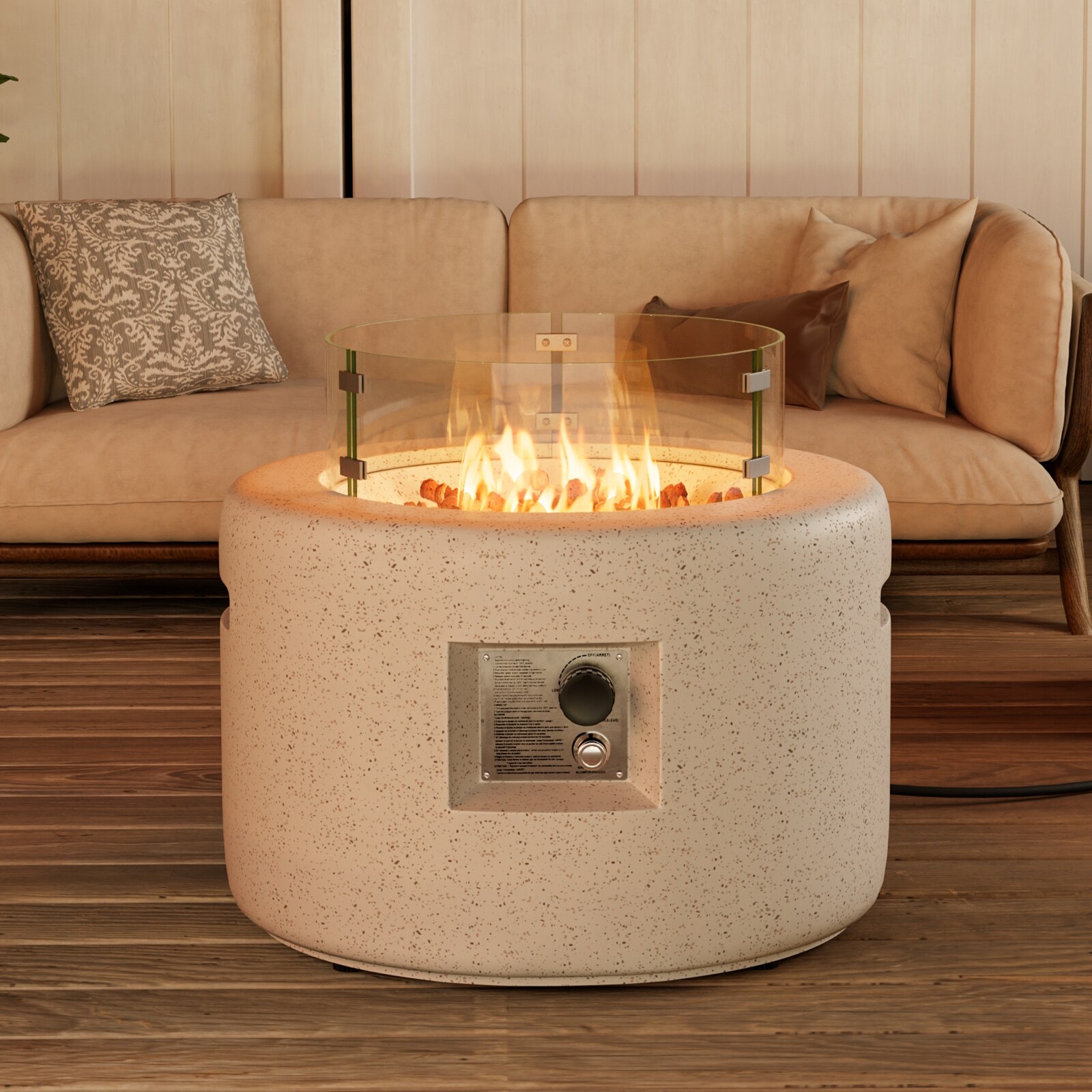 COSIEST Outdoor Patio White Terrazzo Fire Pit Table w Wind Glass