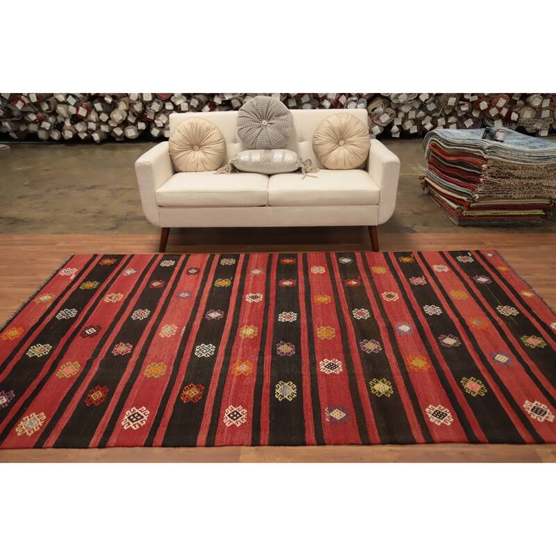 Hand Woven Oriental 100% Wool Carpet Southwestern Tribal Red Kilim Area Rug - 9' 1'' X 5' 10''