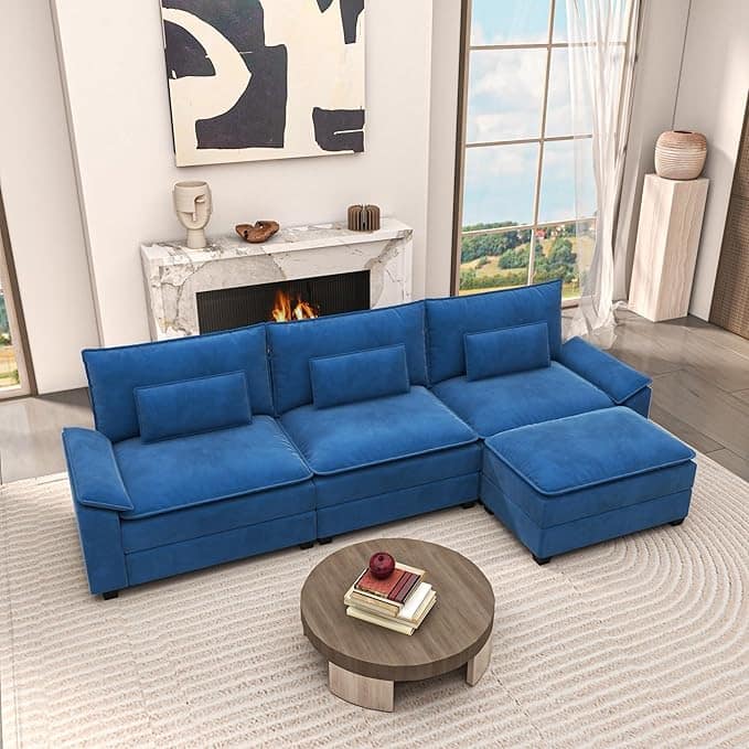 Kullavik Cloud Chenille L-Shaped Sofa, Modular Sectional Sofa with Ottoman, Throw Pillows and Double Layered Cushion
