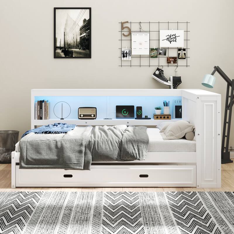 Full Size Wood Daybed with Storage Shelves, USB, LED, and Trundle in White