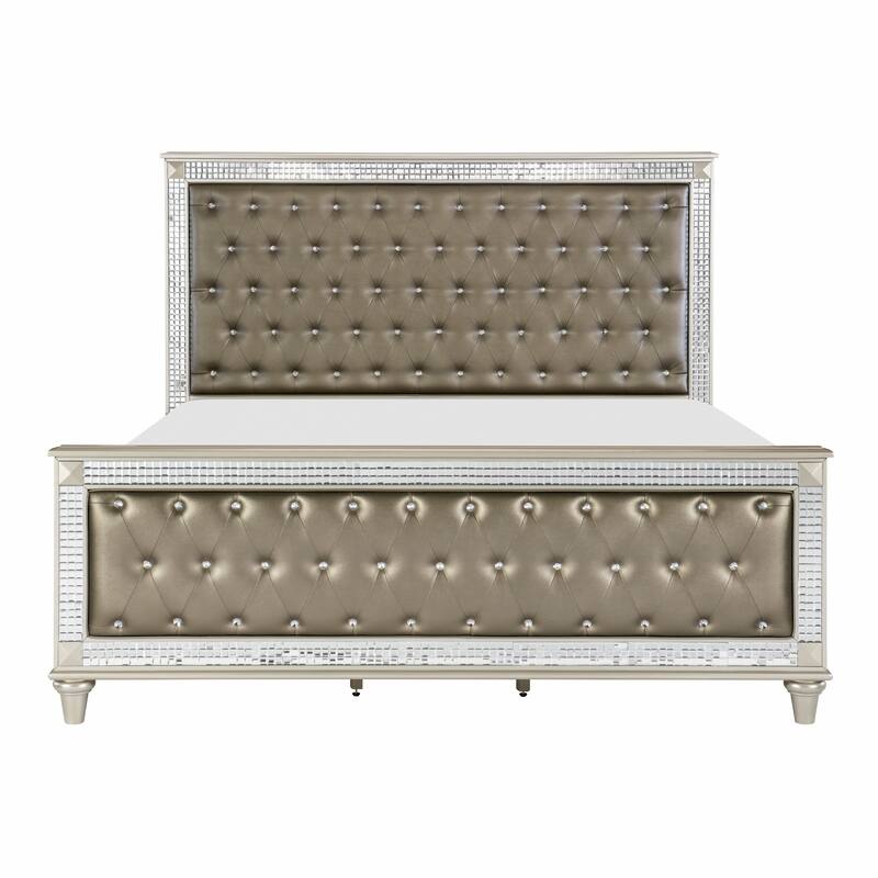 Juhi Queen Size Bed, Button Tufted Gray Faux Leather, Crystals Trim, Wood